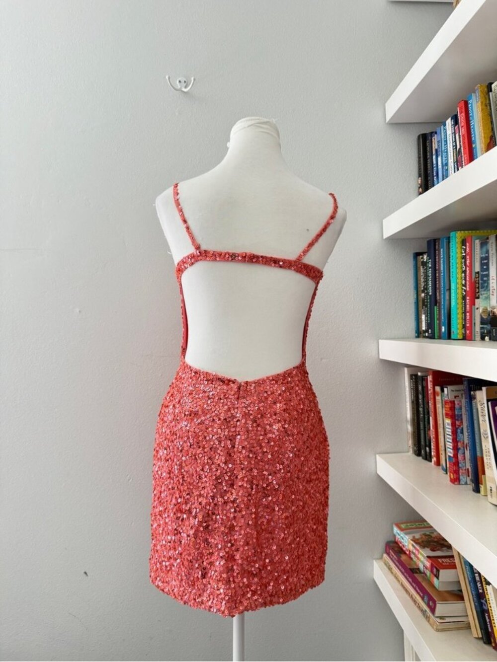 Scala Coral Sequin Mini Dress with Gem Ladder Detail Sz 4 - Picture 5 of 14